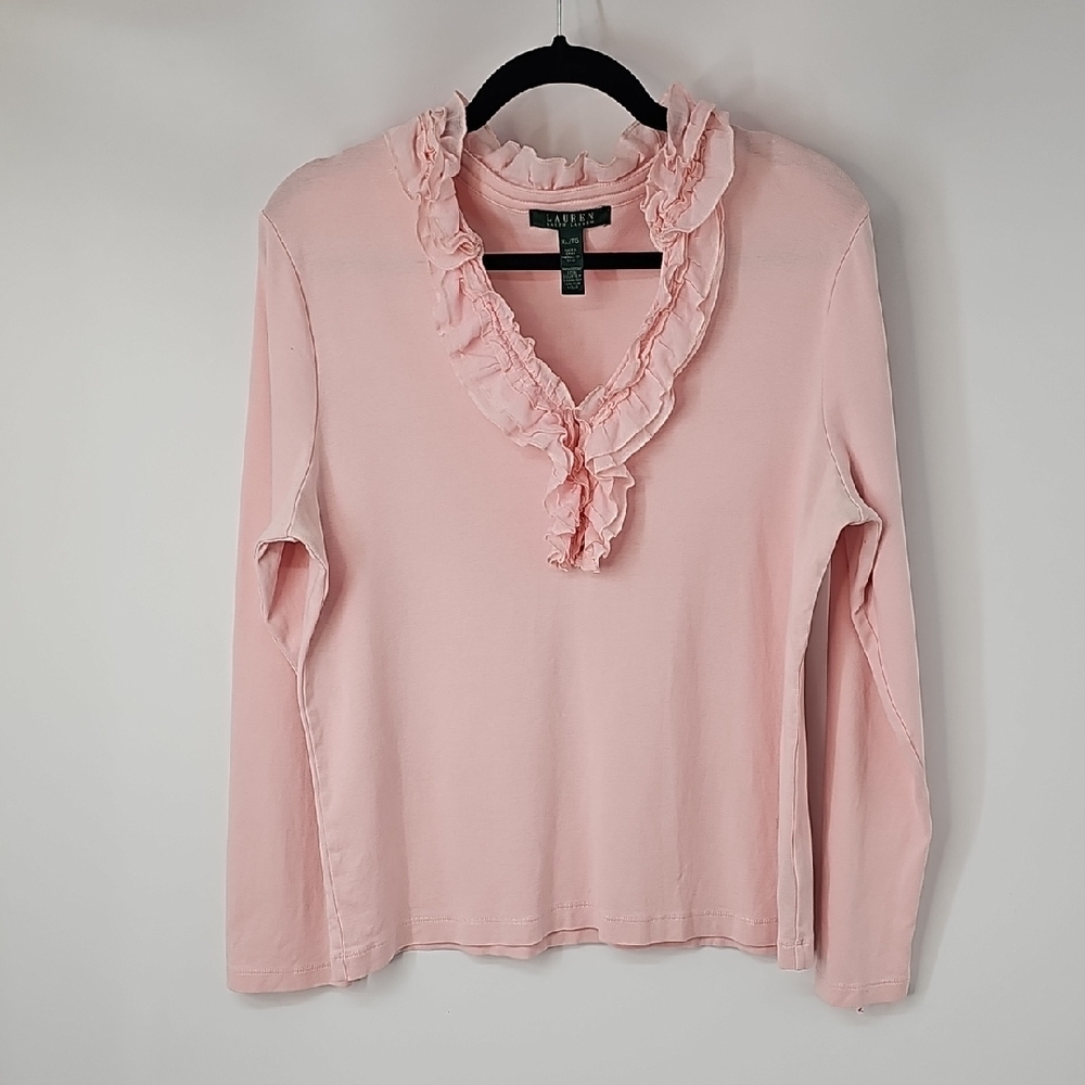 LRL Soft Pink Top w Dainty Ruffled Vneckline Classic Feminine‎ Peasant Fairy